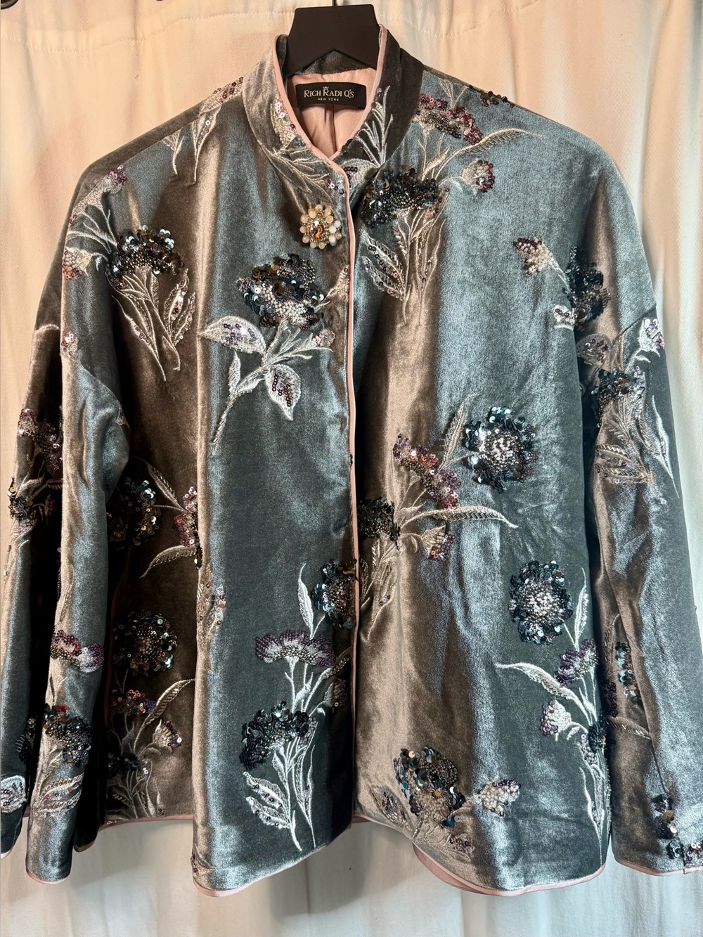 Rich Raoul Velvet Embroidered Bomber Jacket - Slate Gray